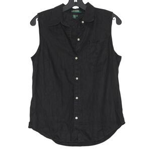 Lauren Ralph Lauren Top Linen Academia Minimalist Preppy Button Up Black Medium